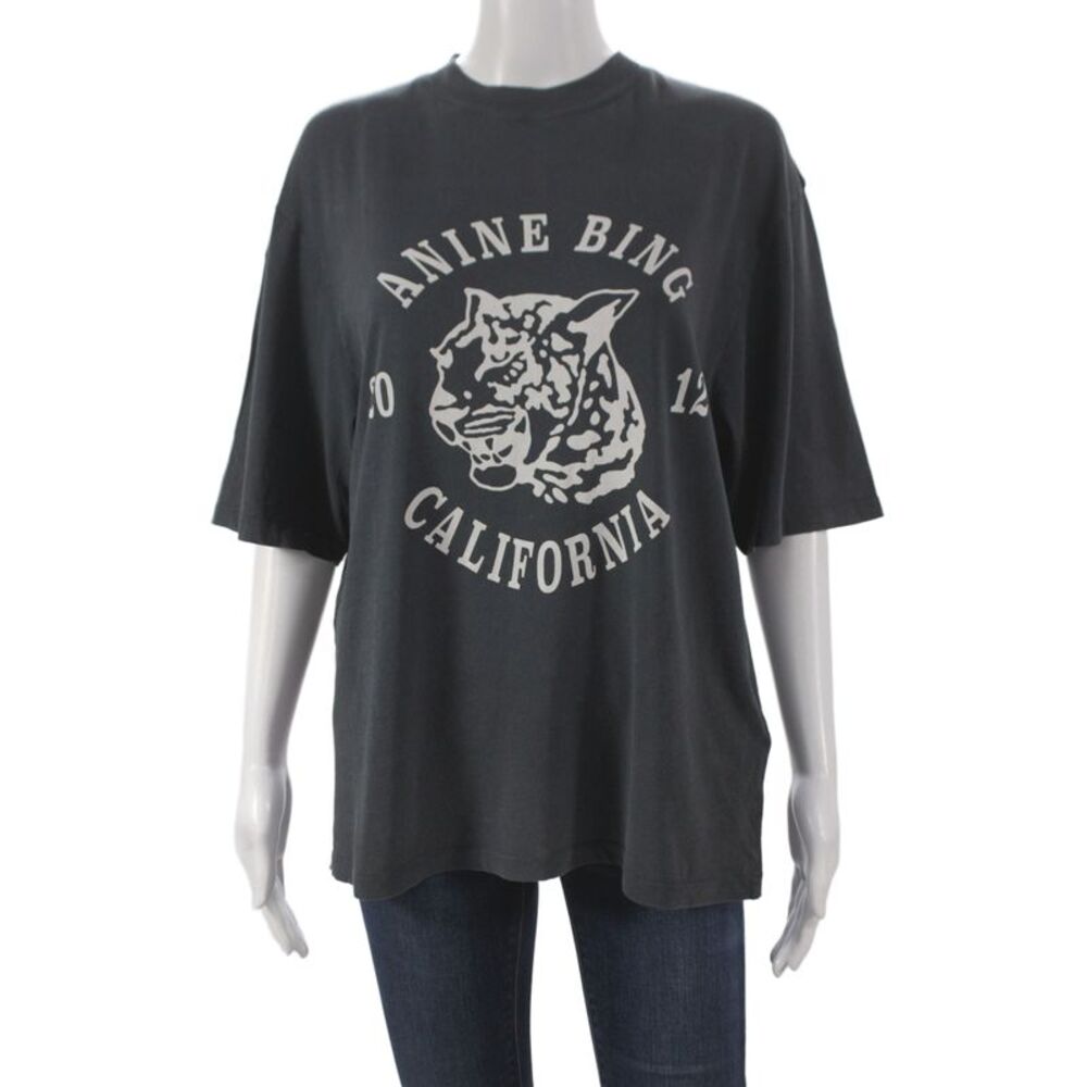 Anine Bing Womens Black Animal Print Jersey Top Cotton Crew Short Sleeve Size S
